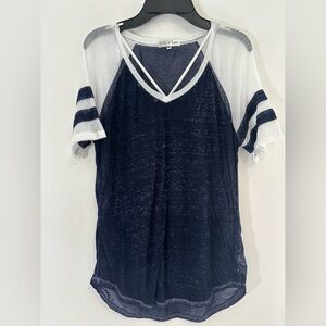 Fitz + Eddi Women’s Medium Short Sleeve Fitted Shirt Casual Navy Blue White